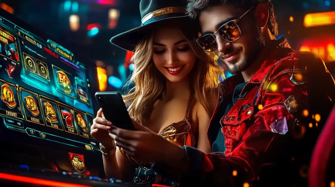 Stylish couple with hat and sunglasses enjoying mobile slot games on smartphone in vibrant neon-lit casino with colorful slot machines in background