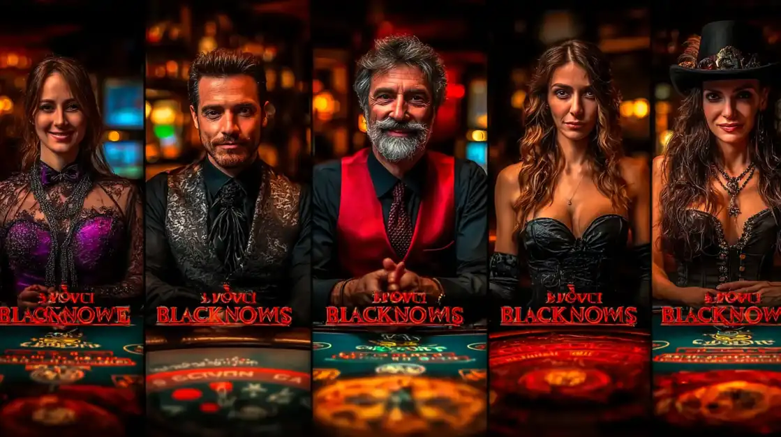 Professional blackjack dealers team including elegant women and distinguished men in formal attire at casino gaming tables with atmospheric lighting