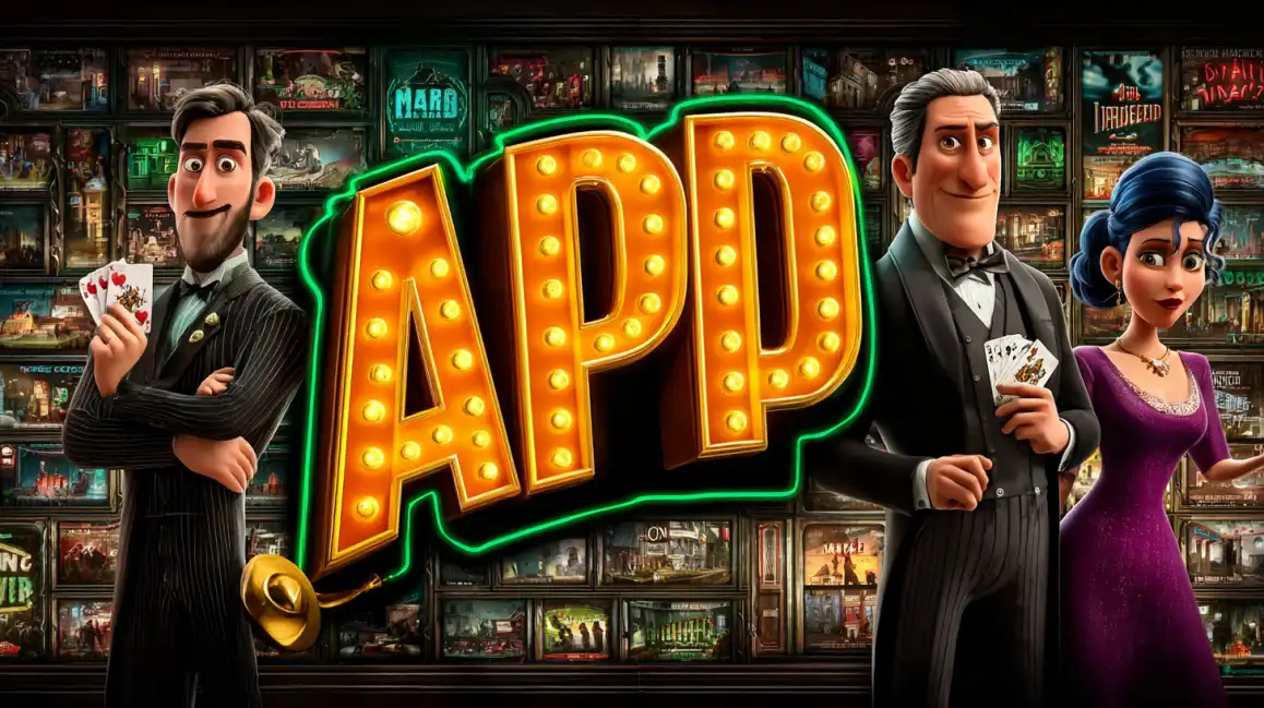 Animated casino characters in formal wear with playing cards standing before glowing APP sign surrounded by vintage slot machine collection