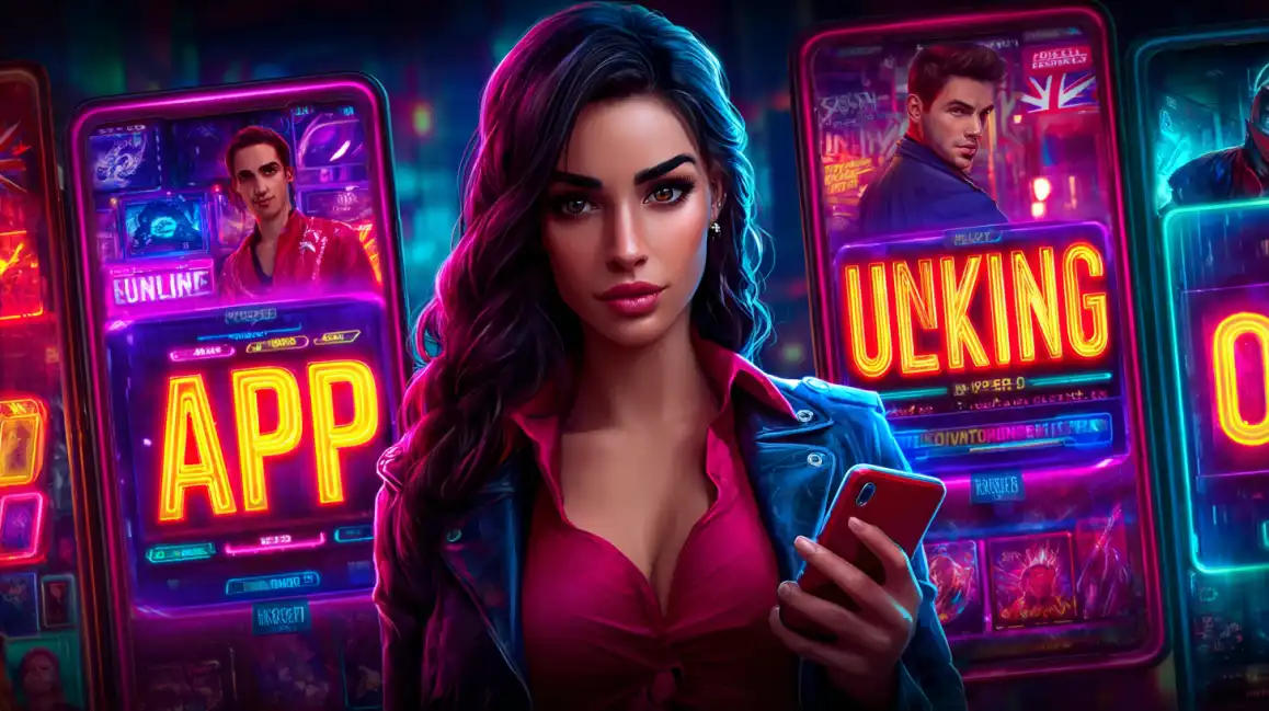 Stylish woman in red top and denim jacket holding smartphone in vibrant neon casino environment with APP and LINKING slot machine displays