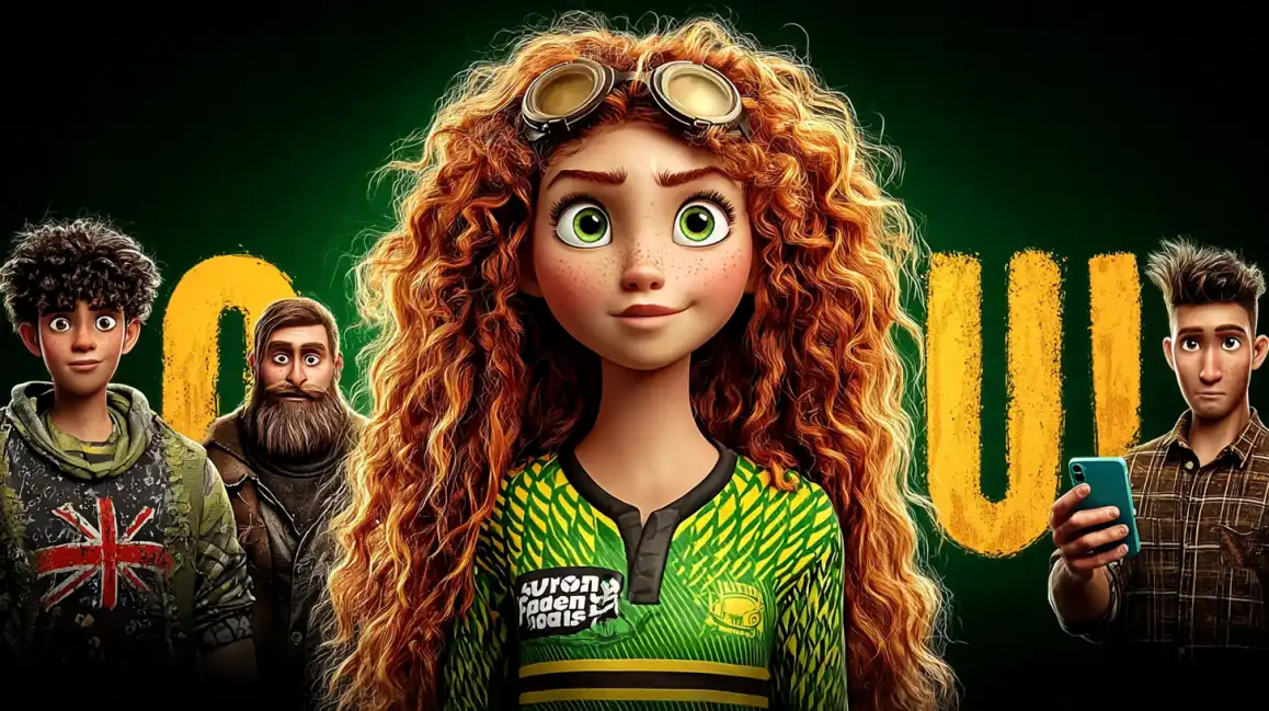Diverse group of animated gaming characters including curly-haired girl with goggles in green sports jersey and male players with smartphones