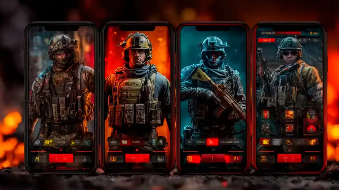 Four smartphones displaying different military tactical soldiers with combat gear and weapons in explosive battlefield gaming environment