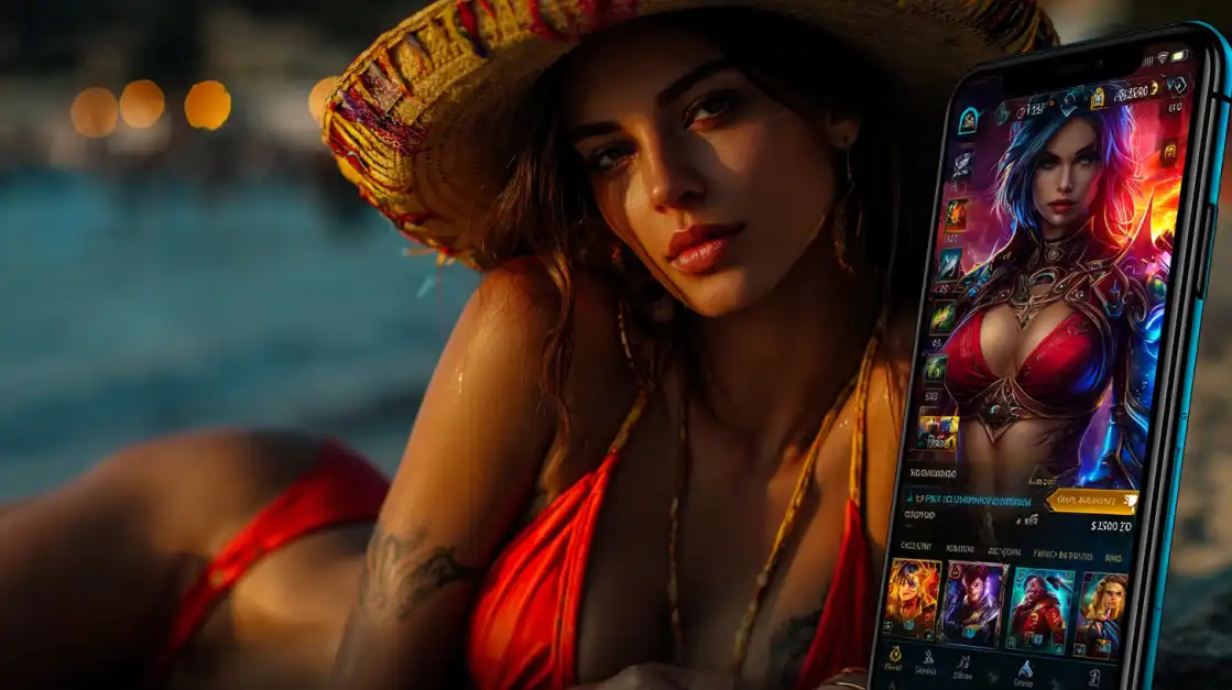 Woman in red bikini and straw hat relaxing by pool while playing fantasy RPG game on smartphone with magical character visible on screen