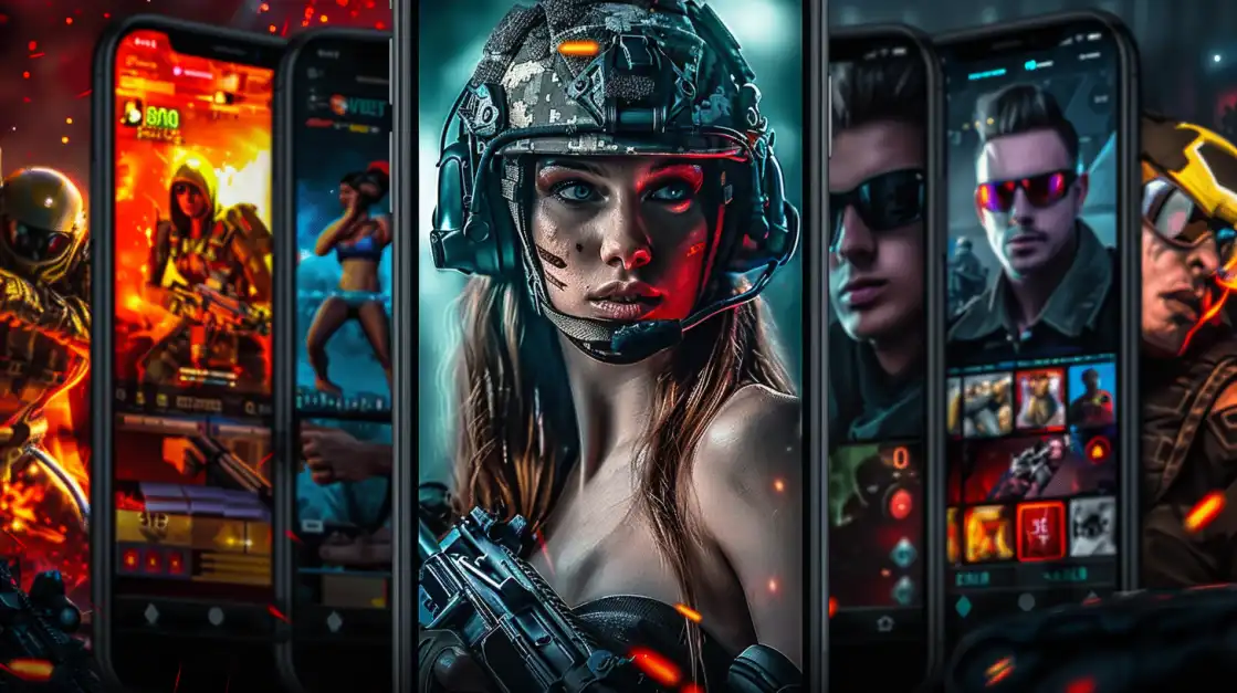 Futuristic female soldier with tactical helmet and weapon alongside military characters displayed on multiple mobile gaming screens