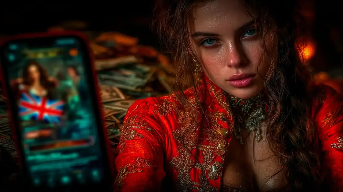 Sophisticated woman with blue eyes in ornate red and gold dress at upscale casino with British flag gaming elements in atmospheric lighting