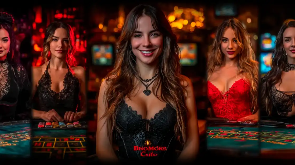 Group of sophisticated female casino hostesses in black and red evening wear at gaming tables in upscale casino environment