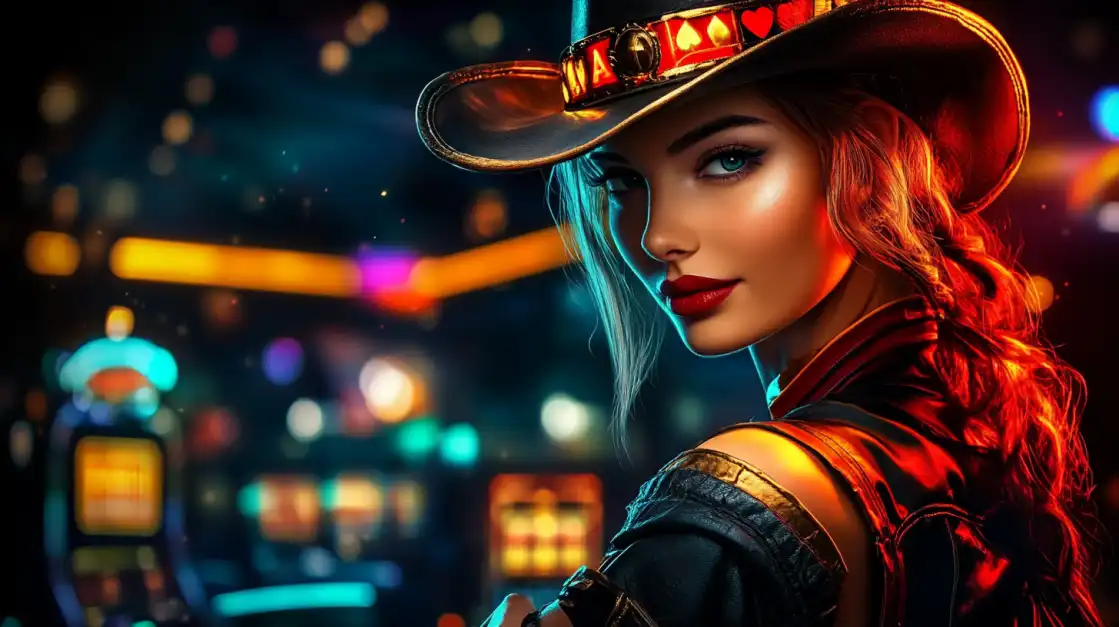 Beautiful cowgirl with playing card suit hat and red hair in western casino setting with warm bokeh lighting and slot machines