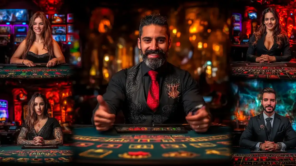 Professional live casino dealers team including bearded male dealer with red tie and elegant female dealers at gaming tables in luxury casino
