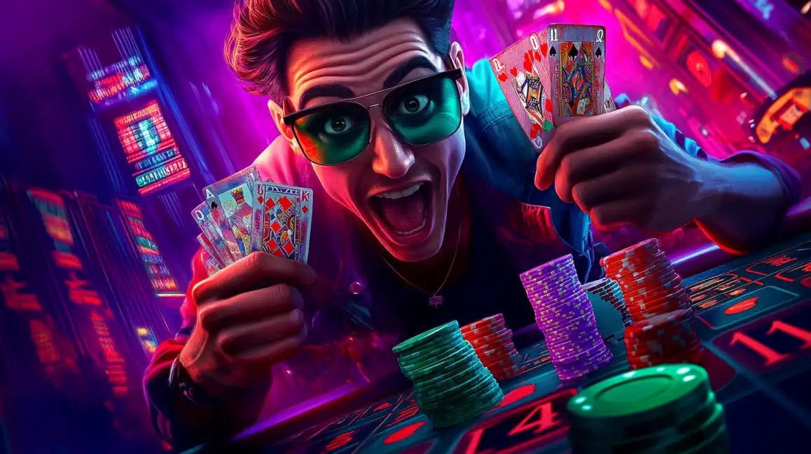 Enthusiastic man with sunglasses celebrating poker win while holding playing cards surrounded by colorful casino chips in vibrant neon purple lighting