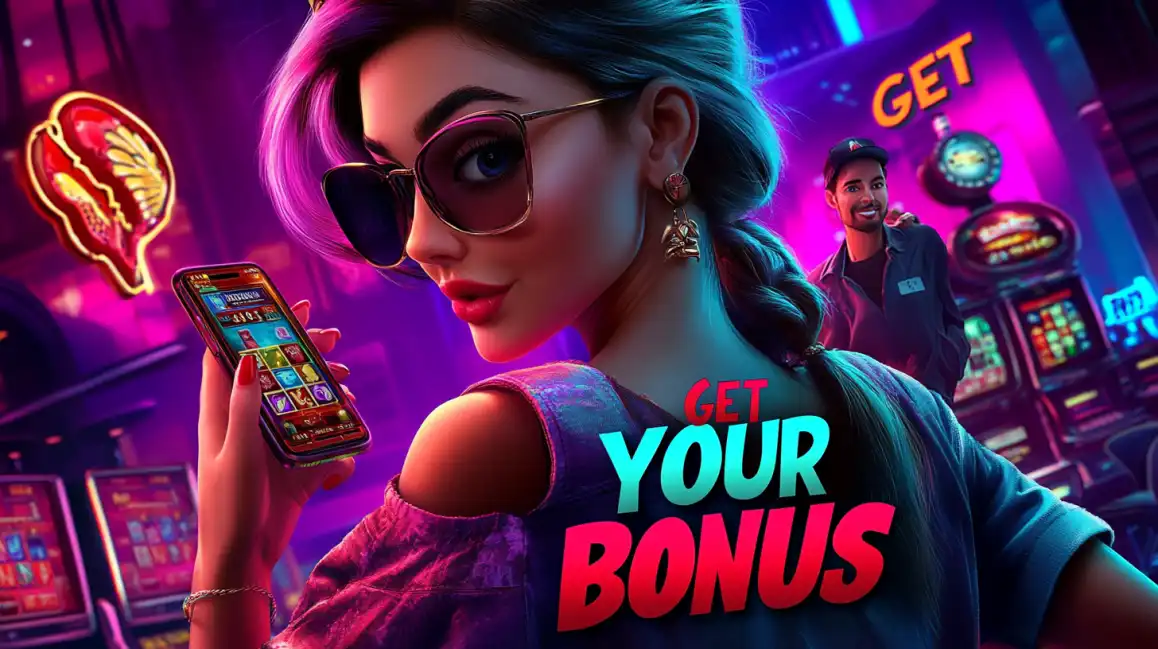 Elegant woman with aviator sunglasses holding smartphone in purple-lit casino with man and slot machines in background promoting bonus offers