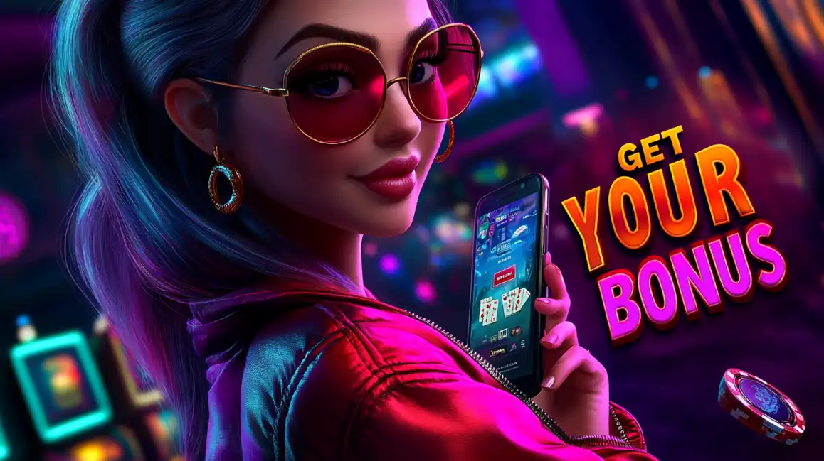 Stylish woman with pink sunglasses holding smartphone showing casino games in vibrant neon-lit environment with Get Your Bonus text