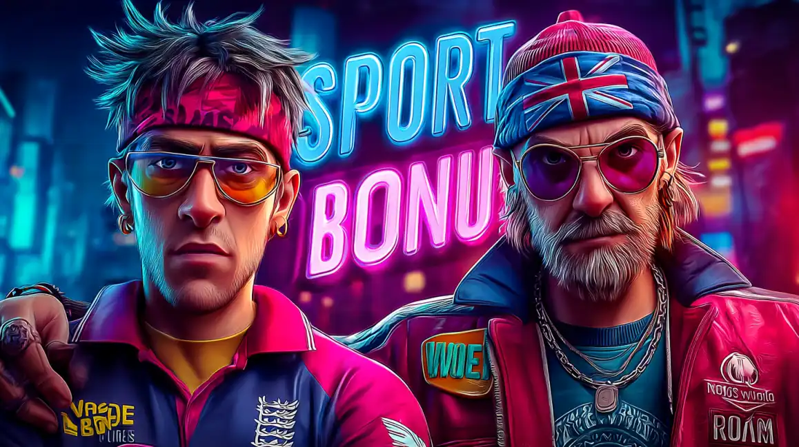 Two male sports fans in team jerseys with sunglasses against bright neon Sport Bonus signage in urban nighttime setting
