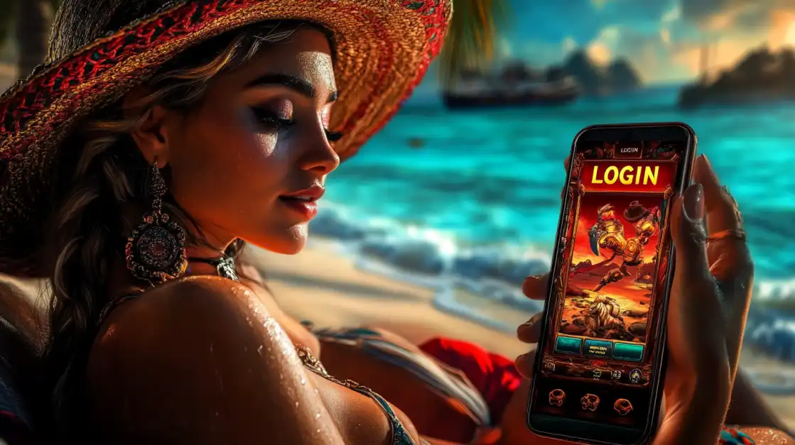 Beautiful woman in red woven hat relaxing by turquoise ocean while accessing casino LOGIN screen on smartphone with adventure game graphics