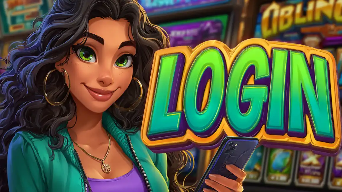 Cheerful animated girl with dark curly hair and green eyes holding smartphone against colorful LOGIN sign in vibrant casino gaming environment