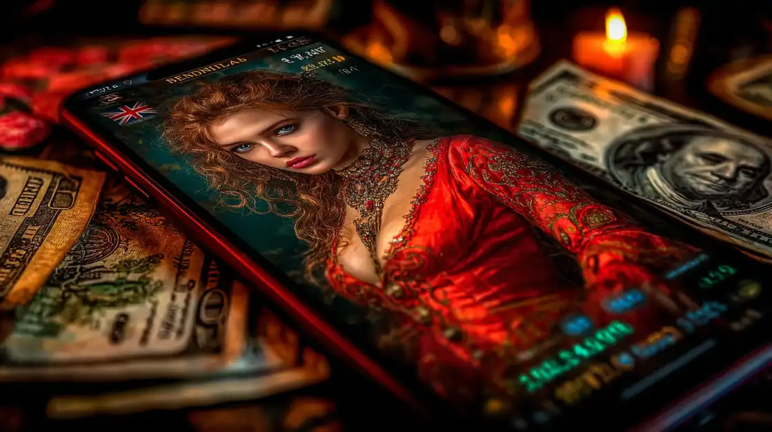 Smartphone displaying elegant woman in ornate red dress on casino gaming screen surrounded by vintage dollar bills and candlelit atmosphere