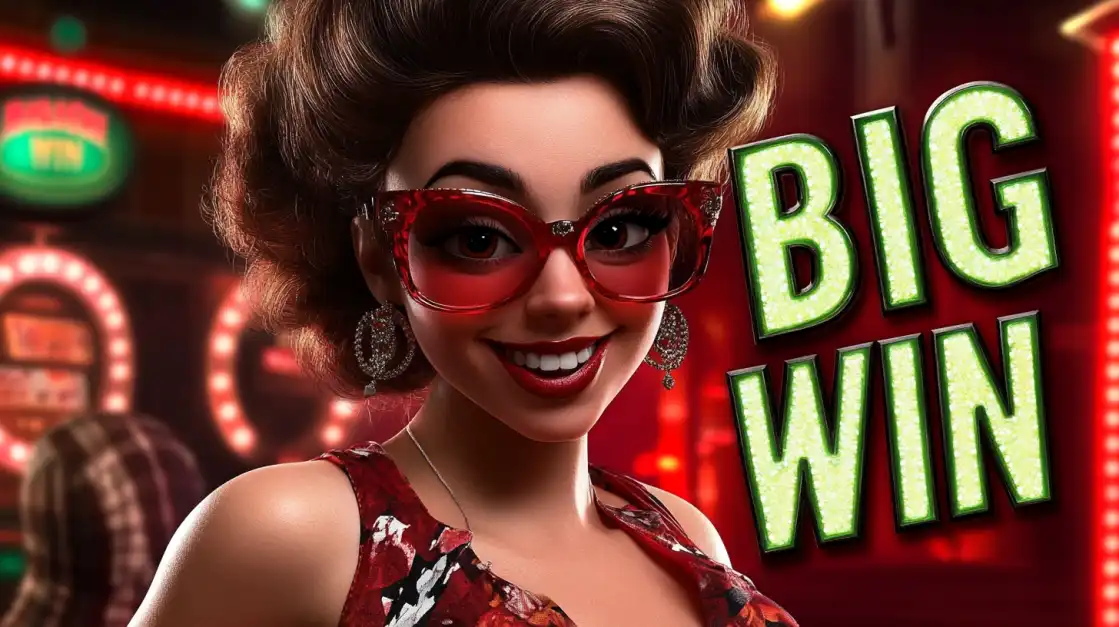 Glamorous woman with vintage hairstyle and red sunglasses smiling against bright BIG WIN neon sign in retro casino atmosphere