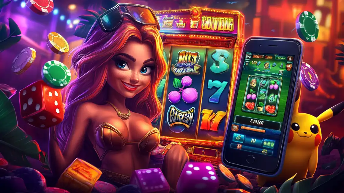 Beautiful woman with long hair playing slot machines with smartphone showing casino games, surrounded by floating poker chips and dice