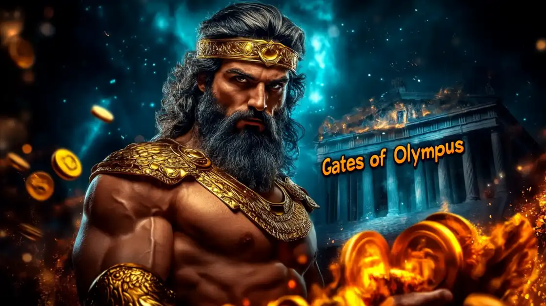 Mighty Zeus with golden crown and armor wielding divine fire power against ancient Greek temple backdrop for Gates of Olympus slot game