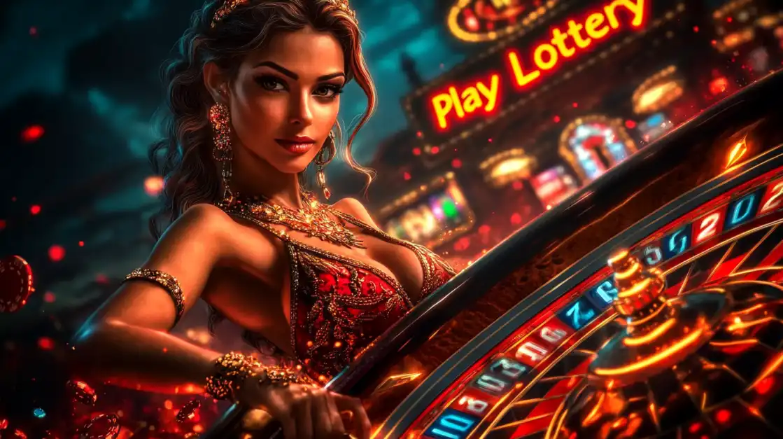 Glamorous woman with ornate jewelry at luxury casino roulette wheel with Play Lottery neon signage in atmospheric lighting