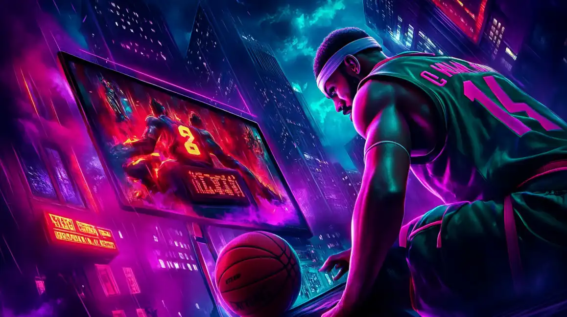 Athletic basketball player in futuristic cyberpunk cityscape with neon lights and digital advertising screens in purple-pink atmosphere