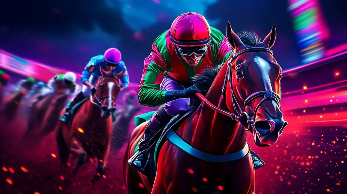 Dynamic horse racing scene with jockey in pink and green colors against electric neon light trails showing speed and motion